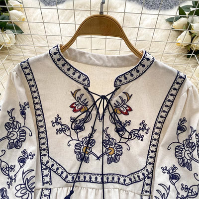 Olivenorma Boho Holiday Embroidery Lantern Sleeve Women's Shirt