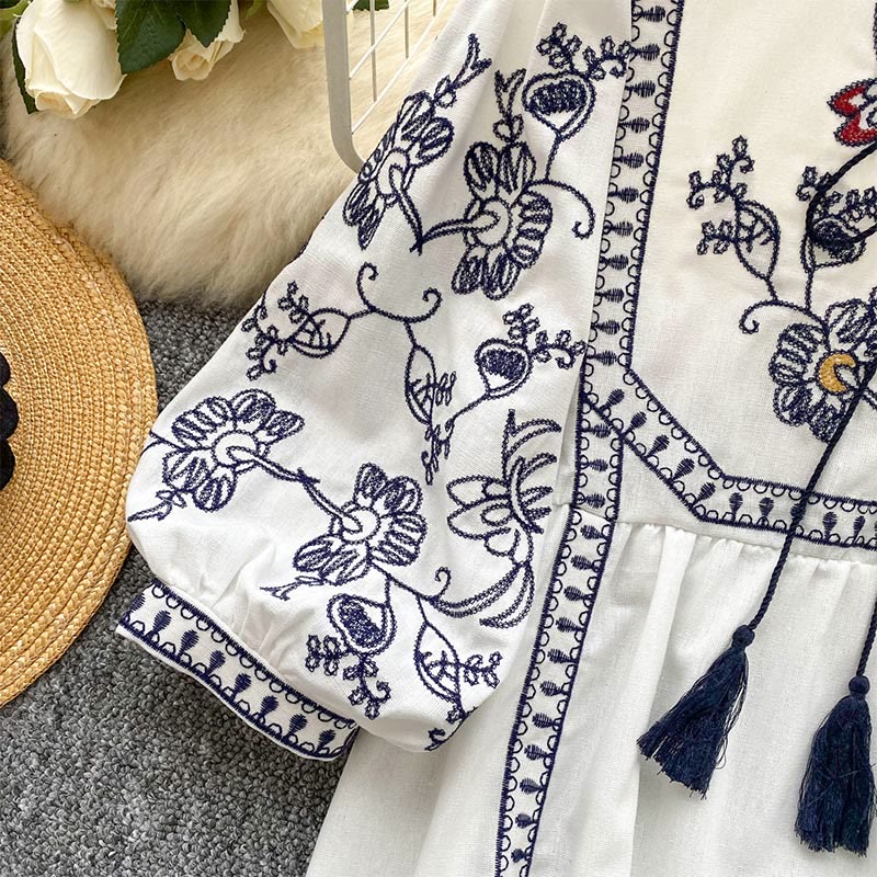 Olivenorma Boho Holiday Embroidery Lantern Sleeve Women's Shirt