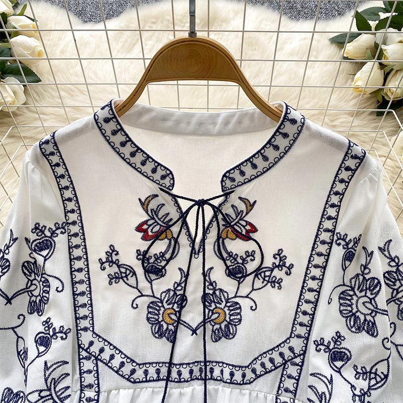 Olivenorma Boho Holiday Embroidery Lantern Sleeve Women's Shirt