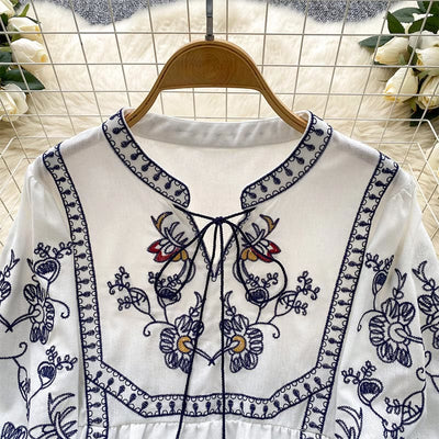Olivenorma Boho Holiday Embroidery Lantern Sleeve Women's Shirt