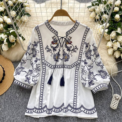 Olivenorma Boho Holiday Embroidery Lantern Sleeve Women's Shirt