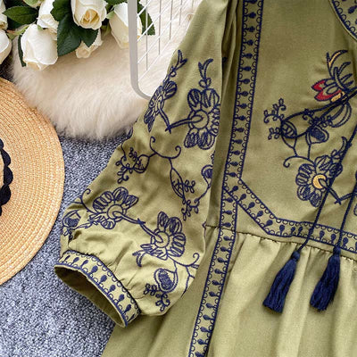 Olivenorma Boho Holiday Embroidery Lantern Sleeve Women's Shirt