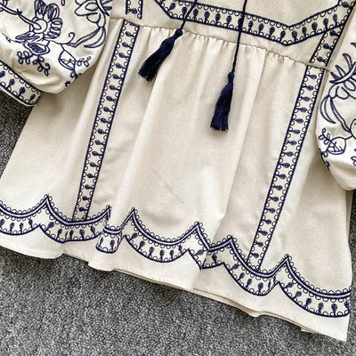 Olivenorma Boho Holiday Embroidery Lantern Sleeve Women's Shirt