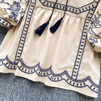 Olivenorma Boho Holiday Embroidery Lantern Sleeve Women's Shirt