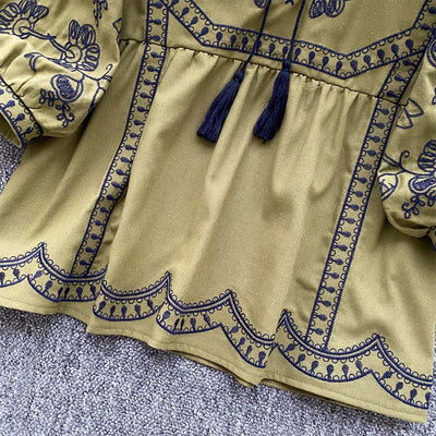 Olivenorma Boho Holiday Embroidery Lantern Sleeve Women's Shirt