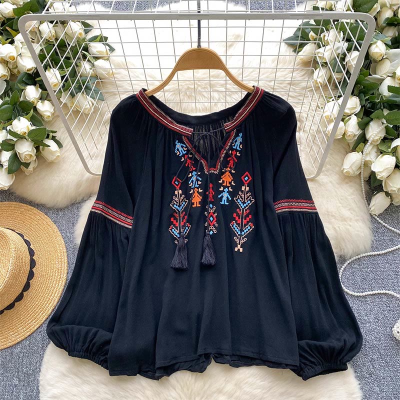 Olivenorma Indian Style Embroidery Lantern Sleeve Women's Shirt