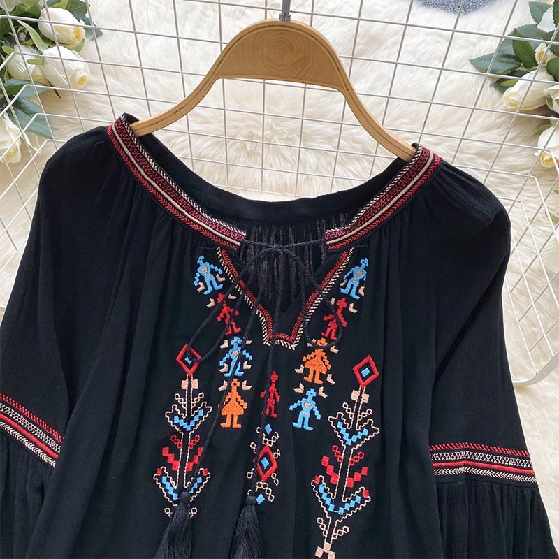Olivenorma Indian Style Embroidery Lantern Sleeve Women's Shirt