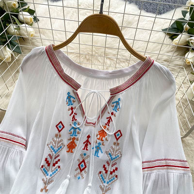 Olivenorma Indian Style Embroidery Lantern Sleeve Women's Shirt