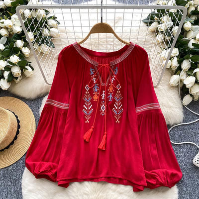 Olivenorma Indian Style Embroidery Lantern Sleeve Women's Shirt