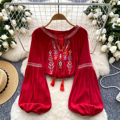 Olivenorma Indian Style Embroidery Lantern Sleeve Women's Shirt