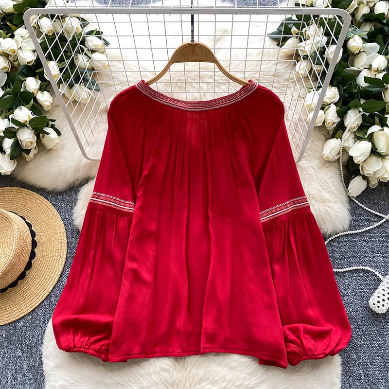 Olivenorma Indian Style Embroidery Lantern Sleeve Women's Shirt