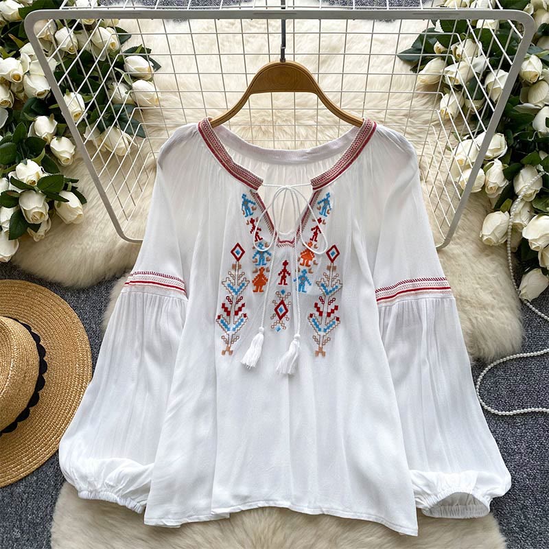 Olivenorma Indian Style Embroidery Lantern Sleeve Women's Shirt
