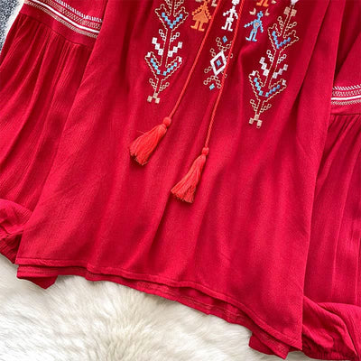 Olivenorma Indian Style Embroidery Lantern Sleeve Women's Shirt