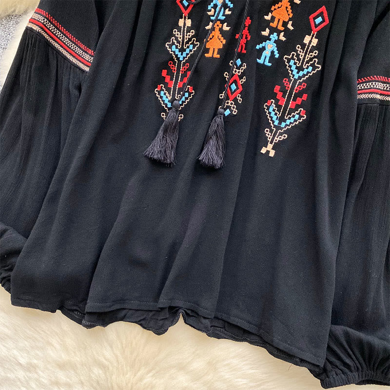 Olivenorma Indian Style Embroidery Lantern Sleeve Women's Shirt