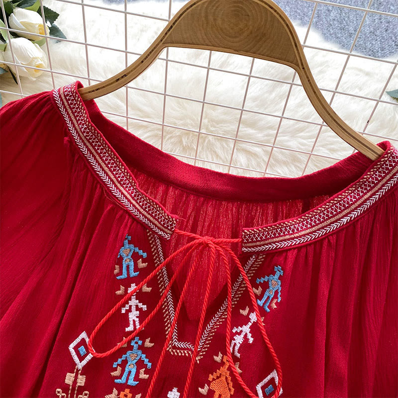 Olivenorma Indian Style Embroidery Lantern Sleeve Women's Shirt