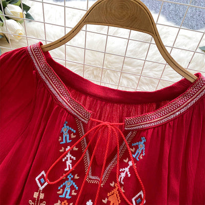 Olivenorma Indian Style Embroidery Lantern Sleeve Women's Shirt