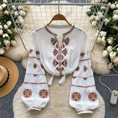 Olivenorma Ethnic Style Embroidery Lantern Sleeve Women's Shirt