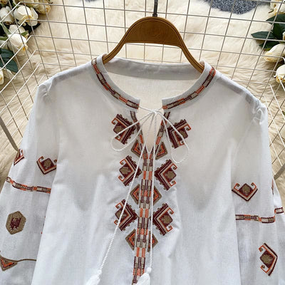 Olivenorma Ethnic Style Embroidery Lantern Sleeve Women's Shirt