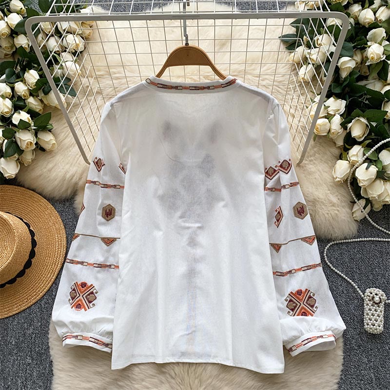 Olivenorma Ethnic Style Embroidery Lantern Sleeve Women's Shirt