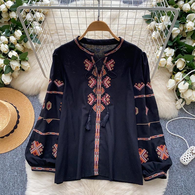 Olivenorma Ethnic Style Embroidery Lantern Sleeve Women's Shirt