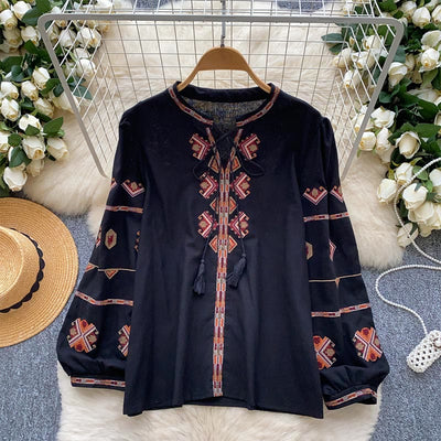 Olivenorma Ethnic Style Embroidery Lantern Sleeve Women's Shirt