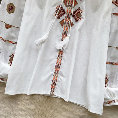 Olivenorma Ethnic Style Embroidery Lantern Sleeve Women's Shirt