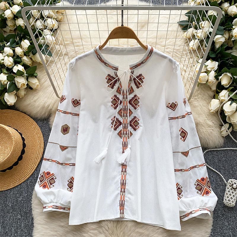 Olivenorma Ethnic Style Embroidery Lantern Sleeve Women's Shirt