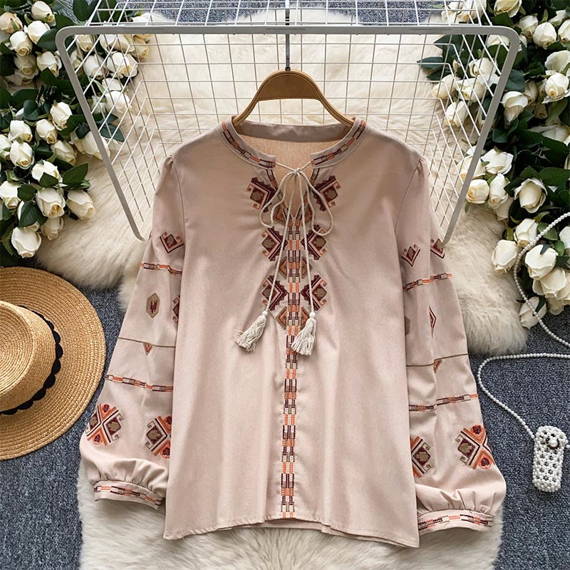 Olivenorma Ethnic Style Embroidery Lantern Sleeve Women's Shirt