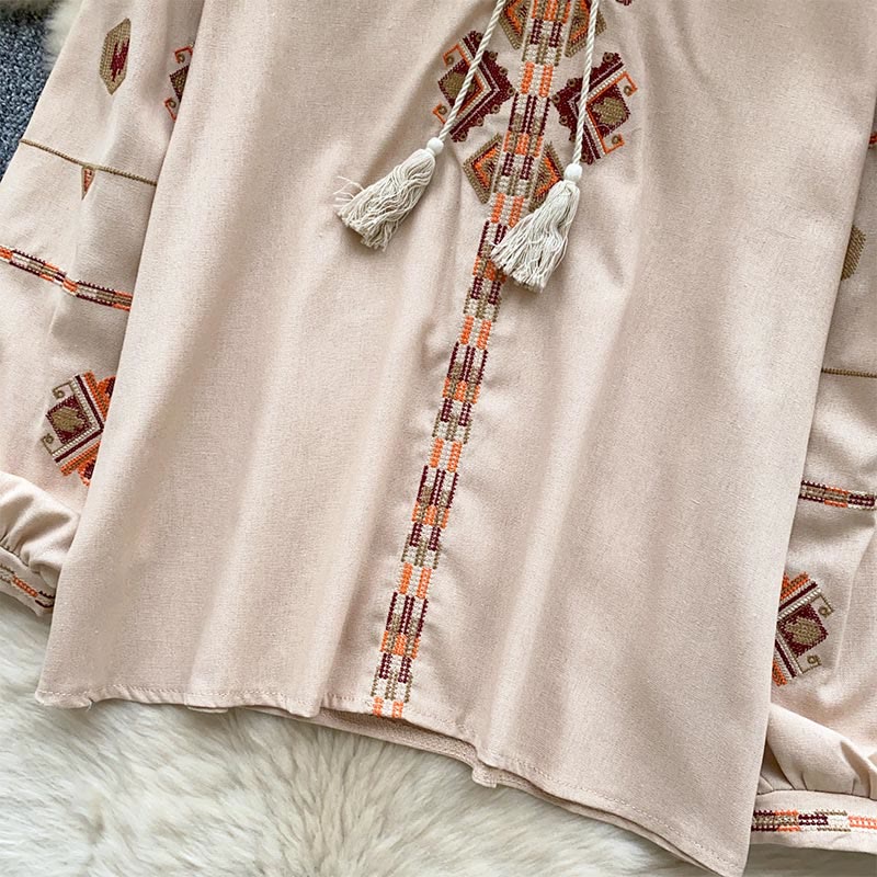 Olivenorma Ethnic Style Embroidery Lantern Sleeve Women's Shirt