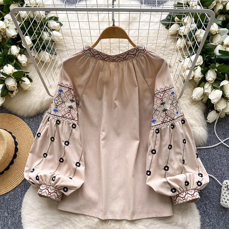 Olivenorma Vintage Flowers Embroidery Lantern Sleeve Women's Shirt