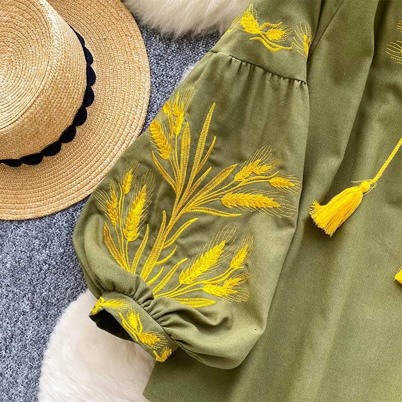 Olivenorma Golden Wheat Ear Embroidery Women's Shirt