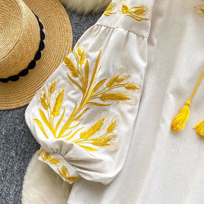 Olivenorma Golden Wheat Ear Embroidery Women's Shirt