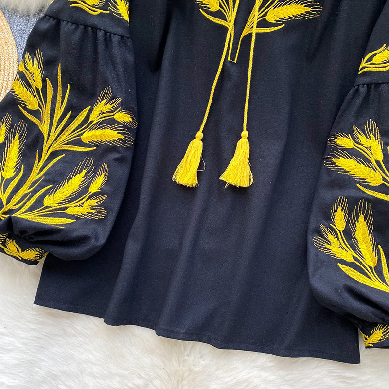 Olivenorma Golden Wheat Ear Embroidery Women's Shirt