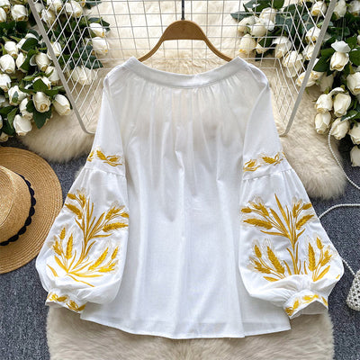 Olivenorma Golden Wheat Ear Embroidery Women's Shirt