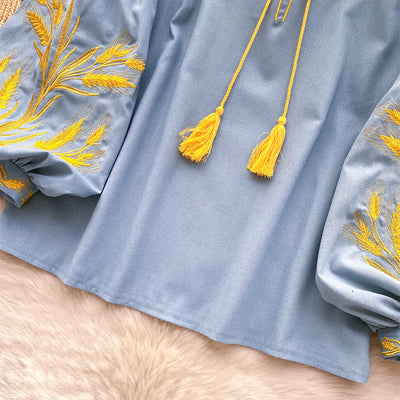Olivenorma Golden Wheat Ear Embroidery Women's Shirt