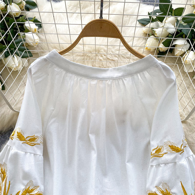 Olivenorma Golden Wheat Ear Embroidery Women's Shirt