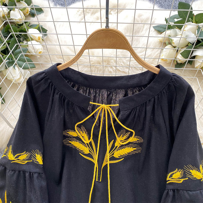Olivenorma Golden Wheat Ear Embroidery Women's Shirt