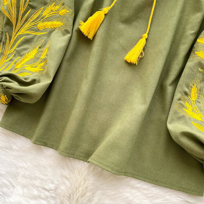 Olivenorma Golden Wheat Ear Embroidery Women's Shirt