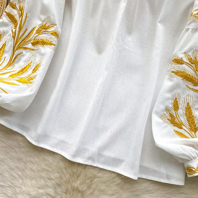 Olivenorma Golden Wheat Ear Embroidery Women's Shirt