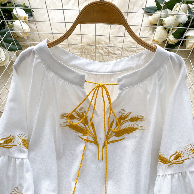 Olivenorma Golden Wheat Ear Embroidery Women's Shirt
