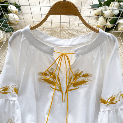 Olivenorma Golden Wheat Ear Embroidery Women's Shirt