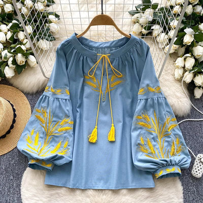 Olivenorma Golden Wheat Ear Embroidery Women's Shirt