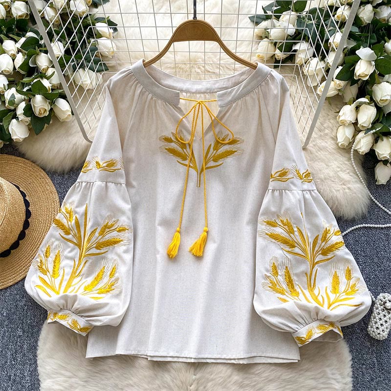 Olivenorma Golden Wheat Ear Embroidery Women's Shirt