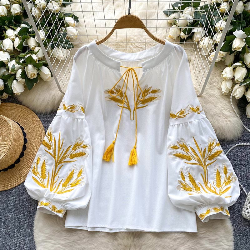 Olivenorma Golden Wheat Ear Embroidery Women's Shirt