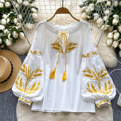 Olivenorma Golden Wheat Ear Embroidery Women's Shirt