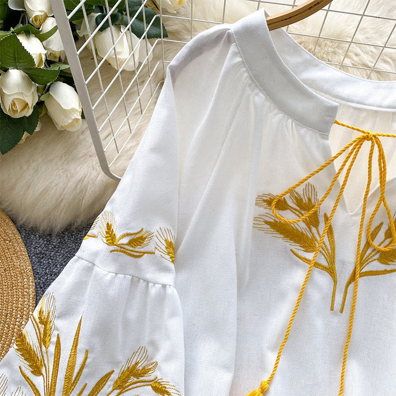 Olivenorma Golden Wheat Ear Embroidery Women's Shirt