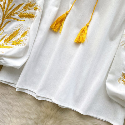 Olivenorma Golden Wheat Ear Embroidery Women's Shirt