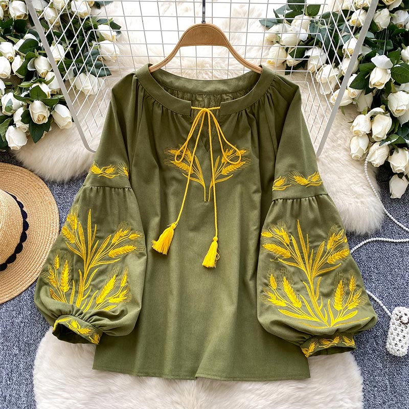 Olivenorma Golden Wheat Ear Embroidery Women's Shirt