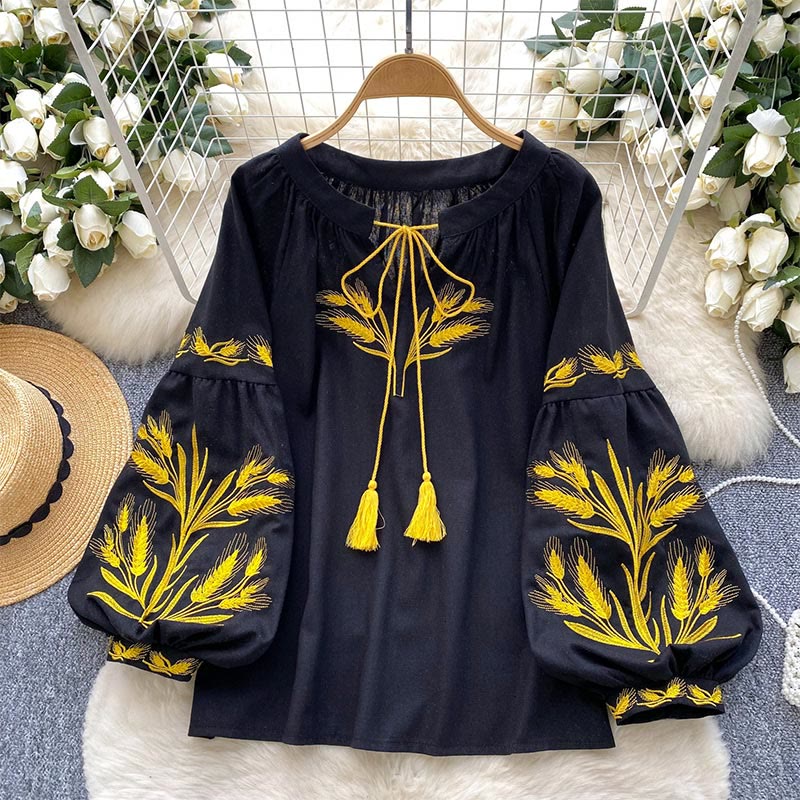 Olivenorma Golden Wheat Ear Embroidery Women's Shirt