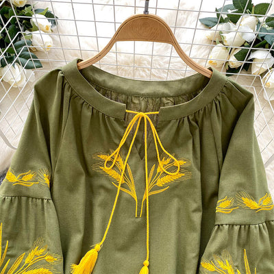 Olivenorma Golden Wheat Ear Embroidery Women's Shirt